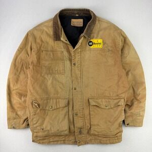 Vintage Swingster Chore Coat Barn Jacket Mens XL Tan Canvas CAT Workwear Fleece